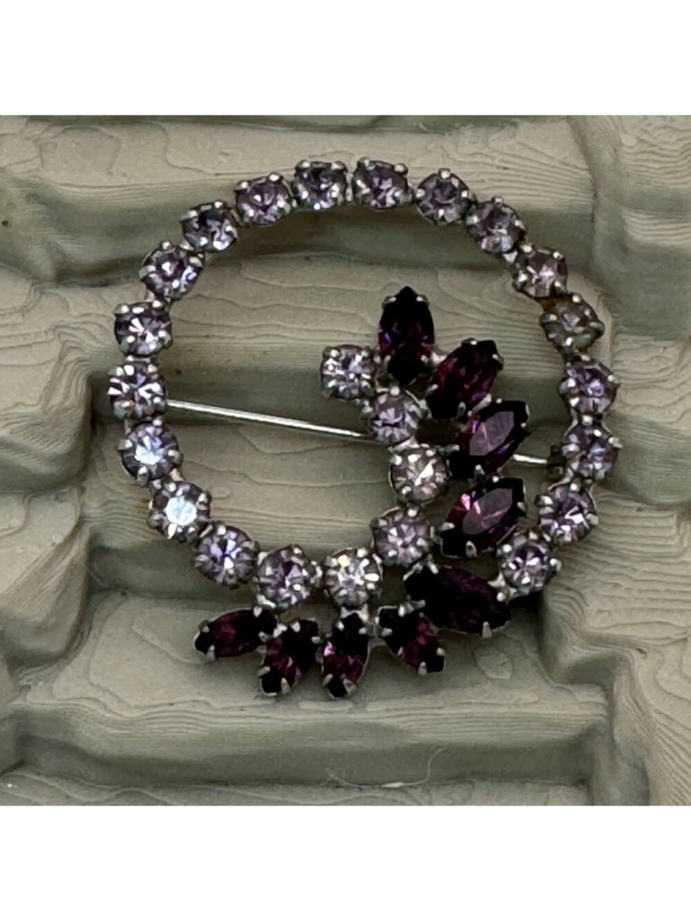 Amethyst Glass BDA Rhinestone Circle Brooch Purple & Clear 1.75" Statement Vtg